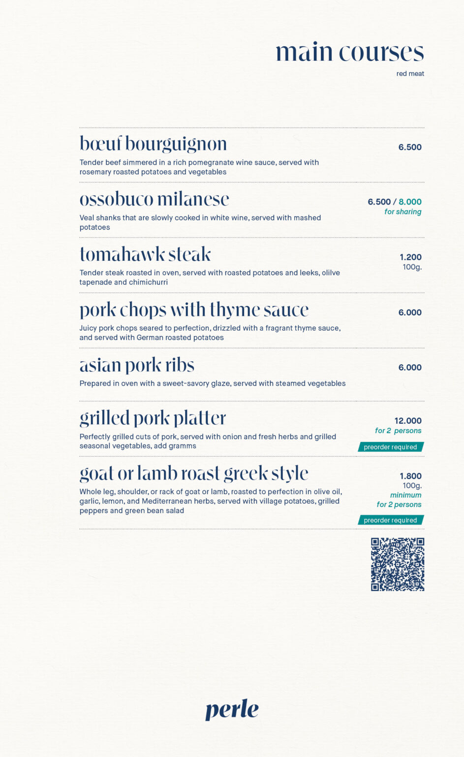 Main courses: red meat