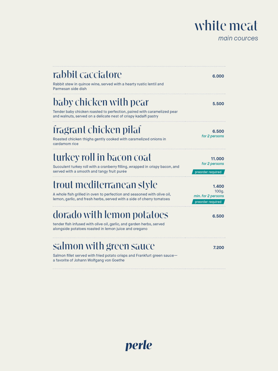 Main courses, white meat